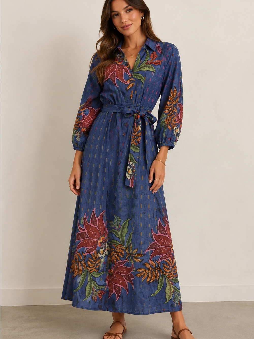 CELINA MOON Blue Floral Maxi Shirt Dress with Tie Belt